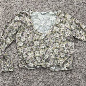 American Eagle Outfitters Olive Green Floral V-Neck Long Sleeve Top